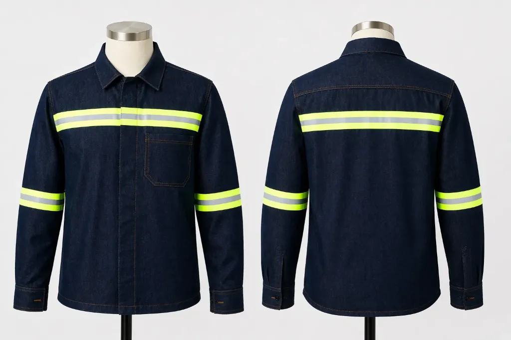 Camisola de mezclilla indigo con reflejante 14 onz (no conduce a la eléctricidad)
