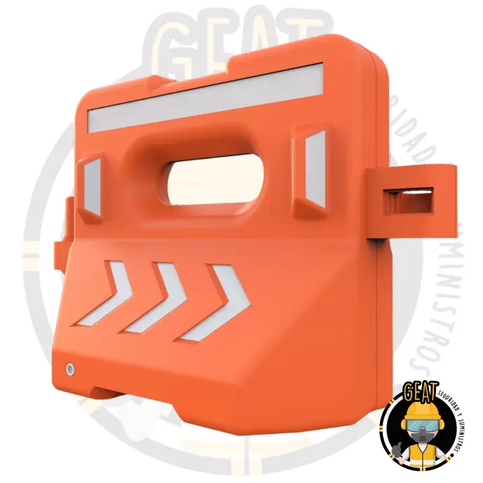 Barrera de protección vial fabricada en polietileno  soplado, color naranja. Medidas: largo 100 cm,  ancho 50 cm, alto 78 cm (sin reflejante).