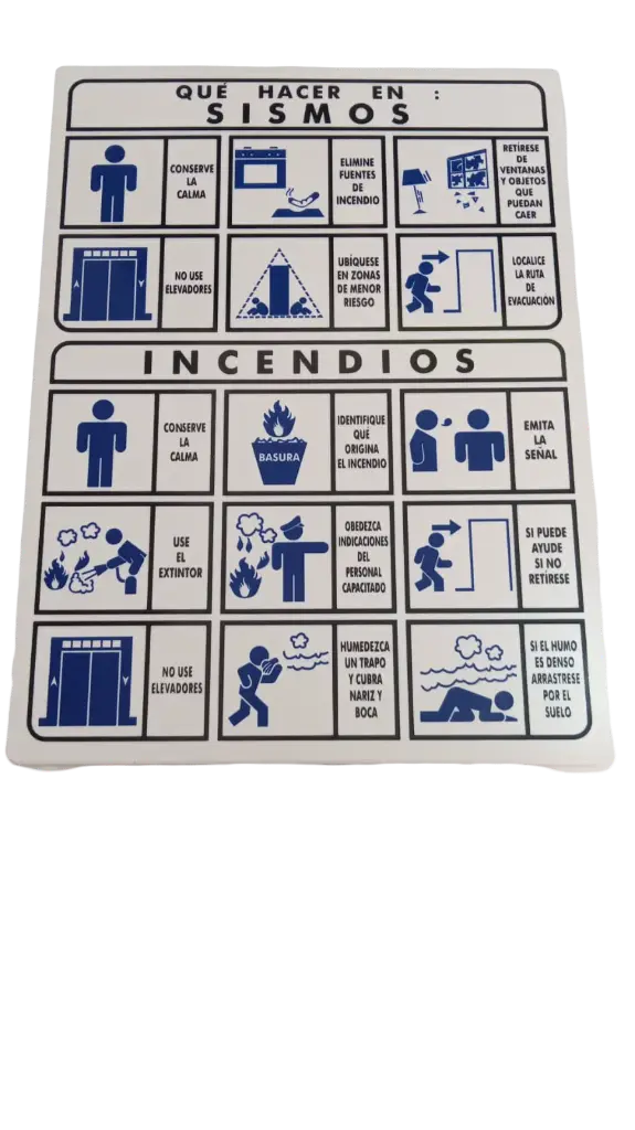 Señal de que hacer en caso de sismo e incendios 30*40 cm 