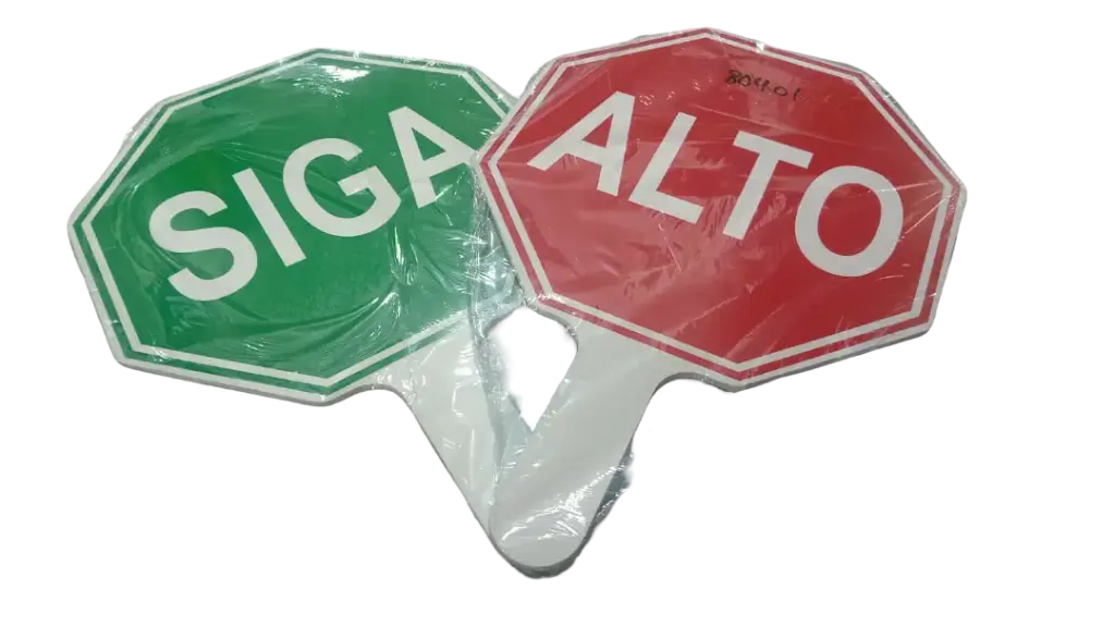 Señalamientos en PVC 6 mm tipo paleta med. 35 cm cada lado, ALTO Y SIGA