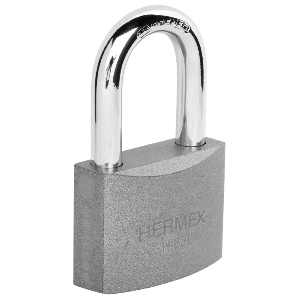 Candado de hierro 63 mm gancho largo en blíster, HERMEX
