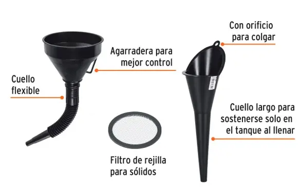Embudo plástico 500 ml, cuello flexible con filtro +Embudo plástico 250 ml, cuello rígido