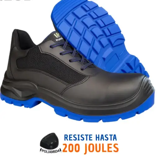 Bota Industrial Mod. 300 Negro/Azul Tipo Choclo, Casco de Poliamida Dieléctrico, Piel Vacuna.  