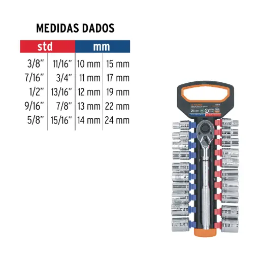 [103110] Juego de Dados mm y std con Matraca, Cuadro 1/2", Truper