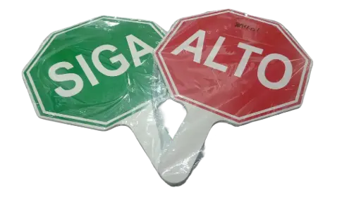 [H87] Señalamientos en PVC 6 mm tipo paleta med. 35 cm cada lado, ALTO Y SIGA