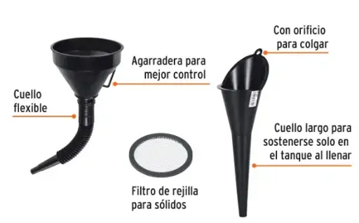 [11205-07] Embudo plástico 500 ml, cuello flexible con filtro +Embudo plástico 250 ml, cuello rígido